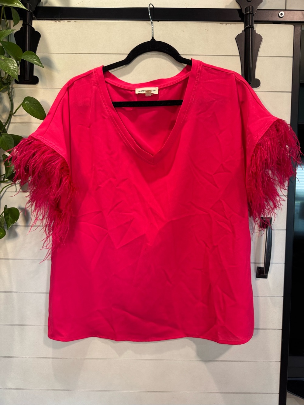 eesome Hot Pink V-Neck Top with Feather Trim Sleeves